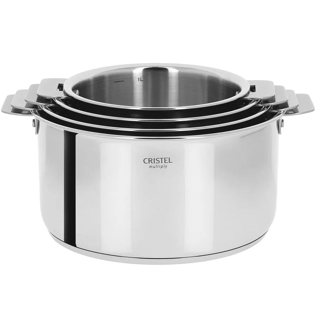 Batterie de trois casseroles en inox Castelline avec manche amovible