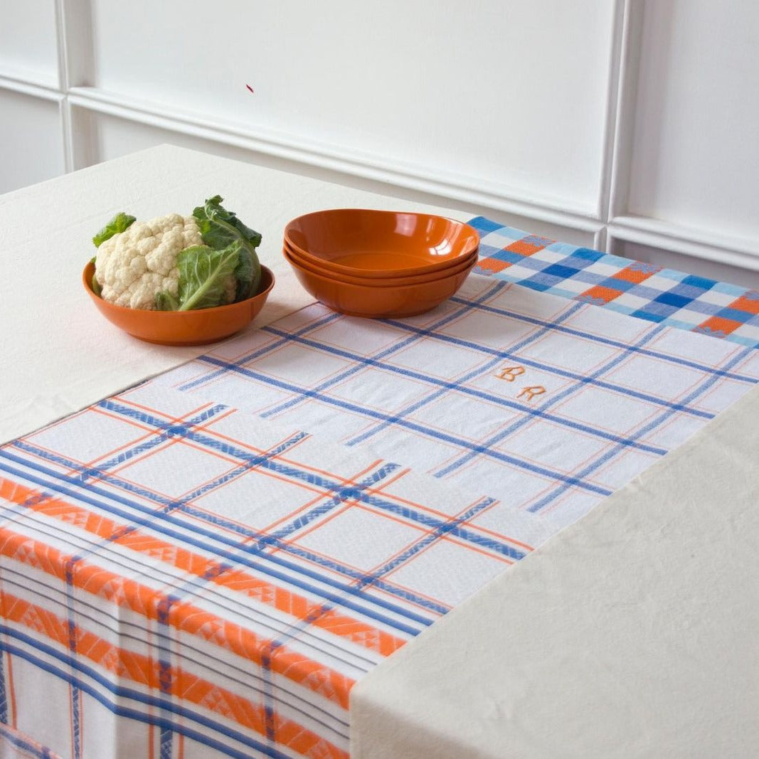 Nappe upcyclée écrue avec patchwork coloré