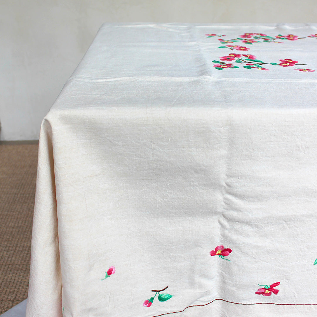Nappe ancienne en lin motif cerisier et ses 11 serviettes assorties