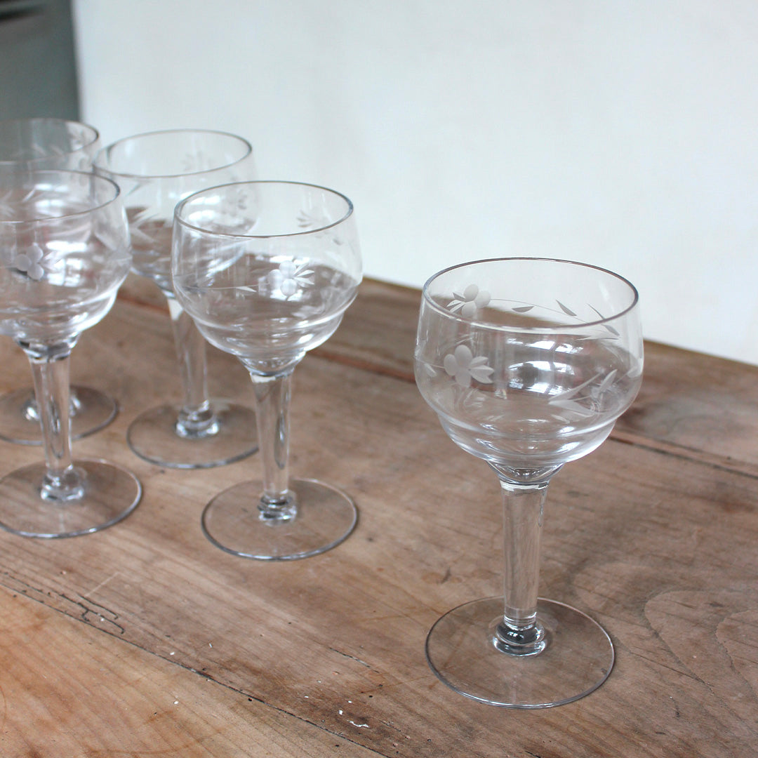 7 verres à pied gravés vintage