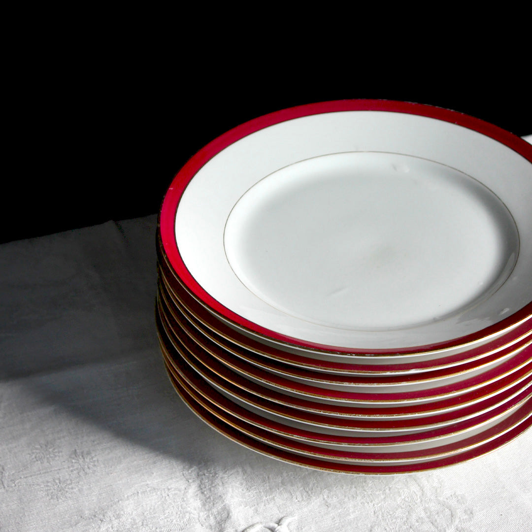 Assiettes en porcelaine liseré rose framboise