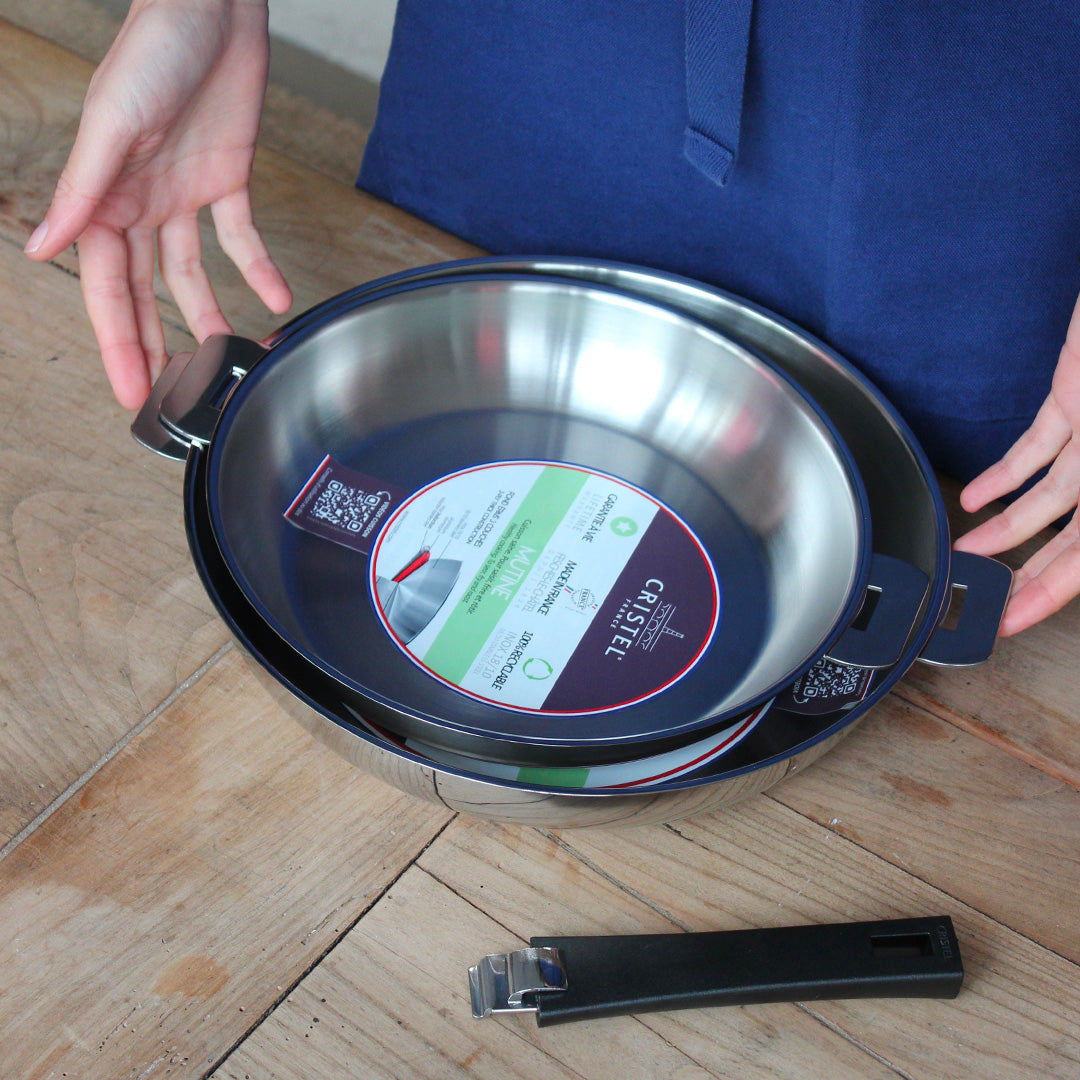 Duo de poêles en inox 18/10 bords hauts avec manche amovible