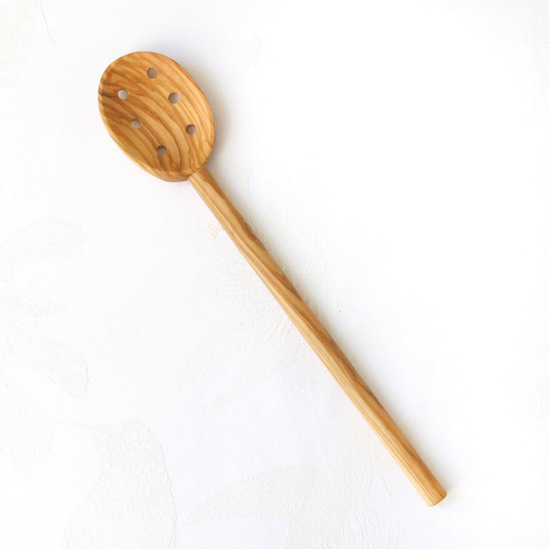 Cuillère de cuisine artisanale à trous en bois d’olivier
