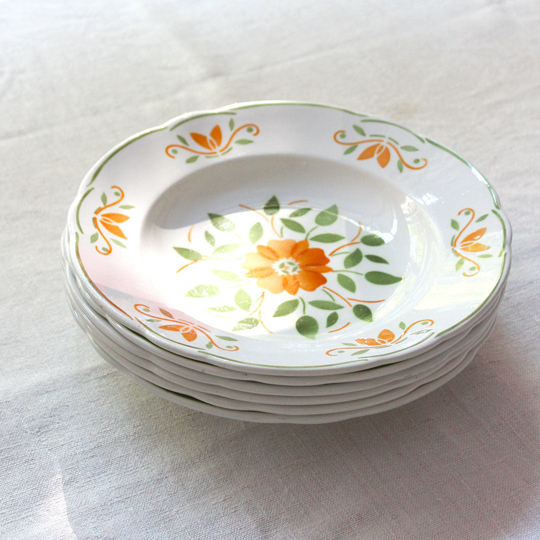 6 assiettes semi-creuses orange et vertes