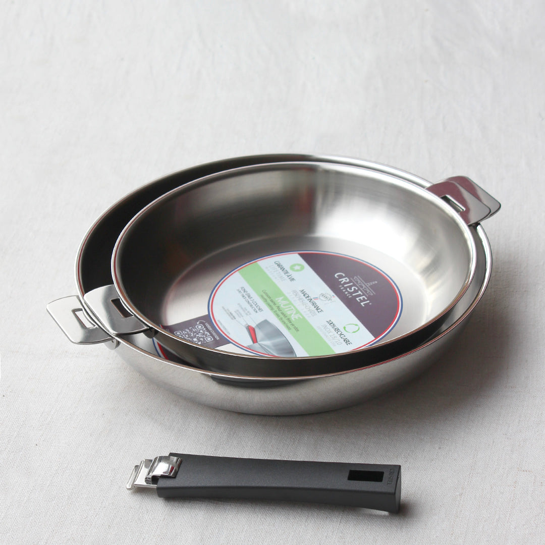 Duo de poêles en inox 18/10 bords hauts avec manche amovible