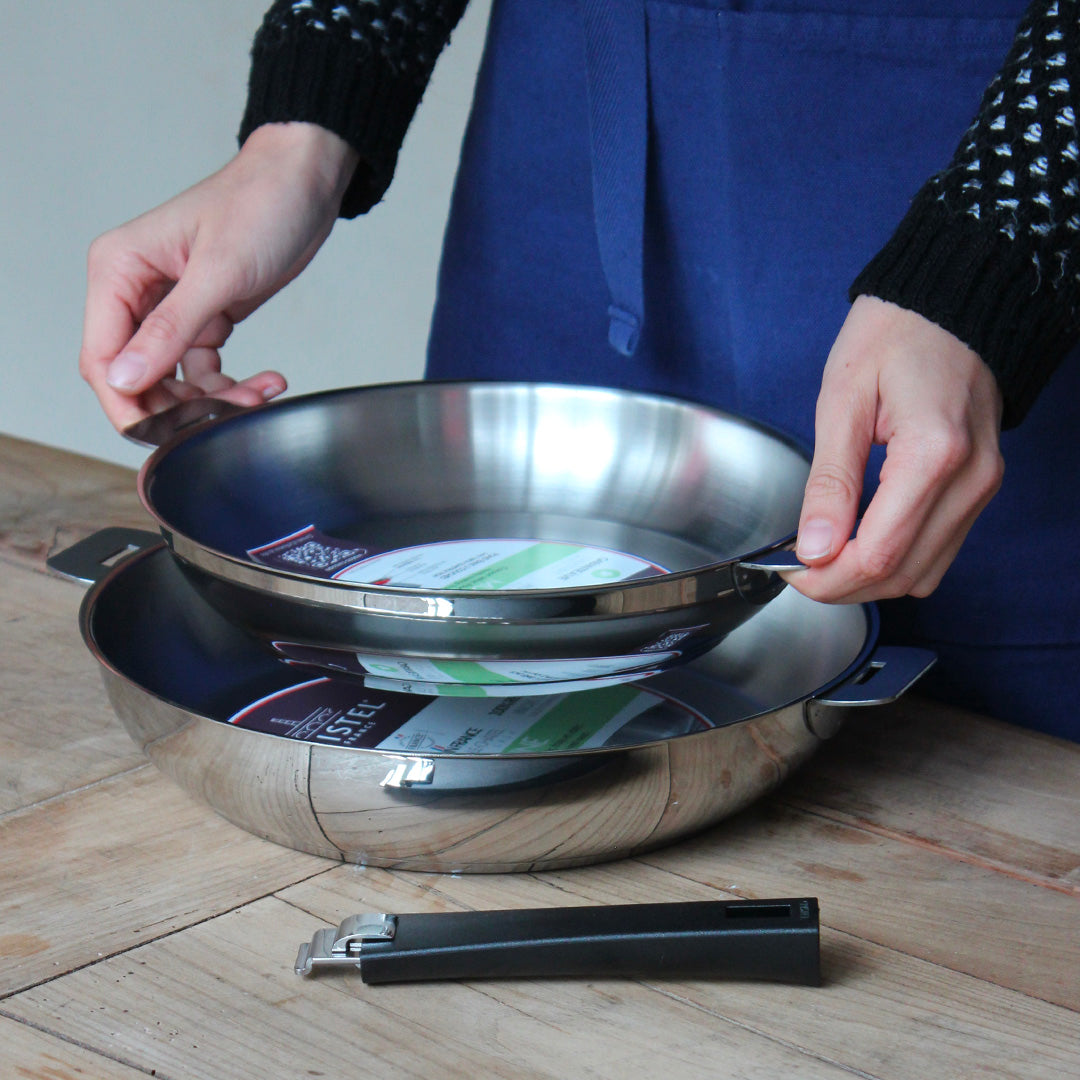 Duo de poêles en inox 18/10 bords hauts avec manche amovible