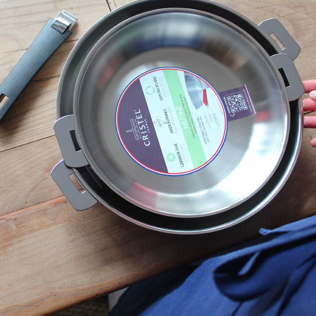 Duo de poêles en inox 18/10 bords hauts avec manche amovible