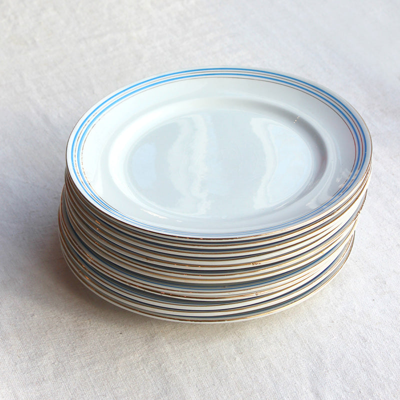 12 assiettes plates au liseré bleu