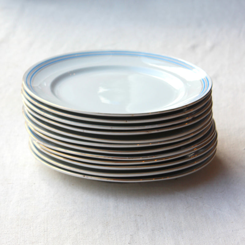 12 assiettes plates au liseré bleu